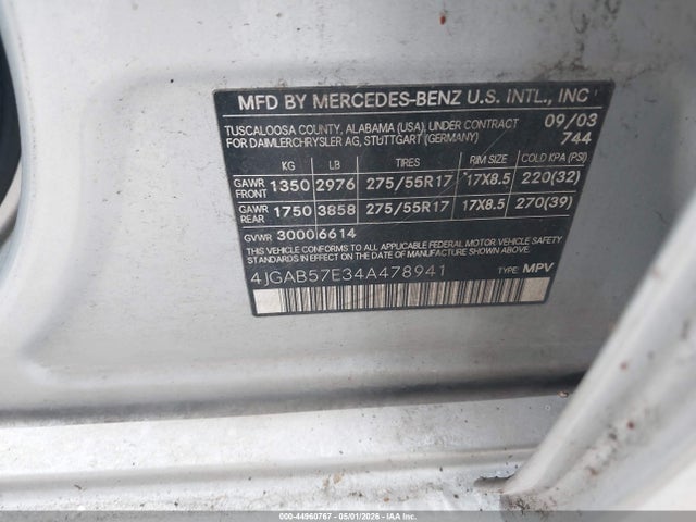 44960767 :رقم المزاد ، 4JGAB57E34A478941 vin ، 2004 Mercedes-benz Ml 350 4matic مزاد بيع