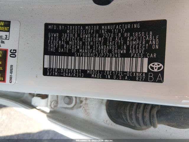 Aukcja sprzedaży 2018 Toyota Corolla Le, vin: 5YFBURHE3JP779340, numer aukcji: 44960776