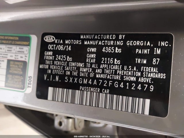 Продажа на аукционе авто 2015 Kia Optima Lx, vin: 5XXGM4A72FG412479, номер лота: 44960780
