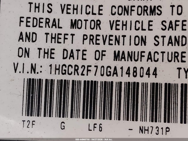 44960788 :رقم المزاد ، 1HGCR2F70GA148044 vin ، 2016 Honda Accord Ex مزاد بيع