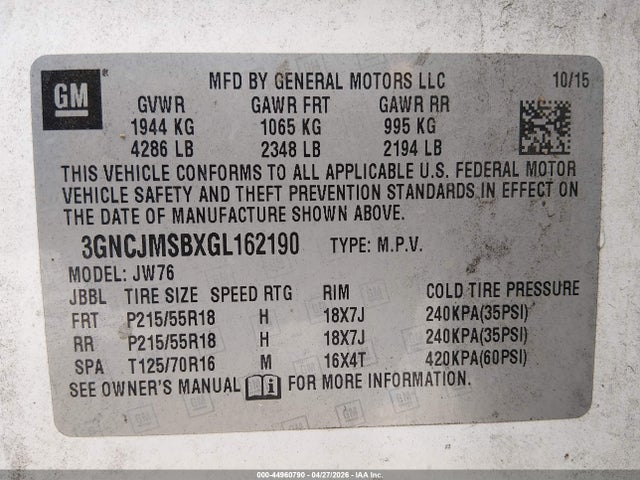 Chevrolet TRAX LTZ 2016 3GNCJMSBXGL162190 Image 9