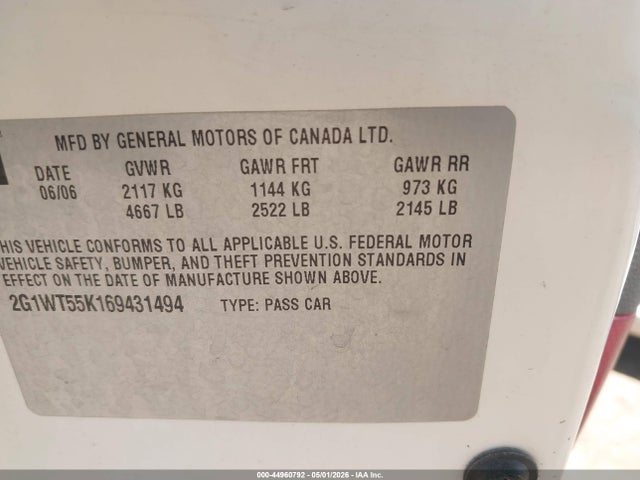 44960792 :رقم المزاد ، 2G1WT55K169431494 vin ، 2006 Chevrolet Impala Lt مزاد بيع