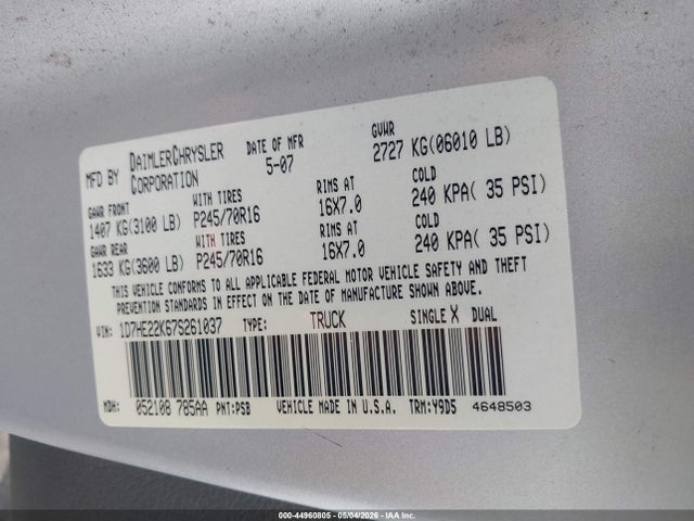 Продаж на аукціоні авто 2007 Dodge Dakota St, vin: 1D7HE22K67S261037, номер лоту: 44960805