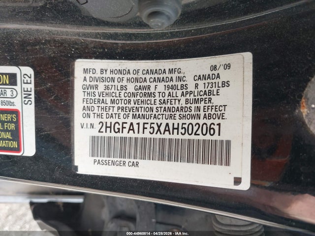 Aukcja sprzedaży 2010 Honda Civic Lx, vin: 2HGFA1F5XAH502061, numer aukcji: 44960814