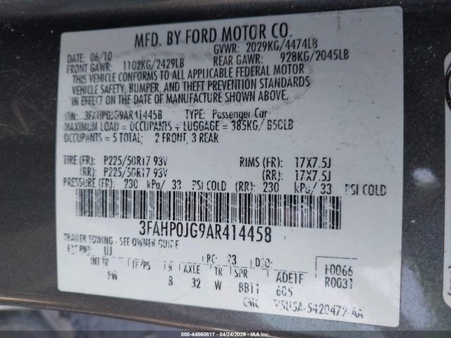44960817 :رقم المزاد ، 3FAHP0JG9AR414458 vin ، 2010 Ford Fusion Sel مزاد بيع