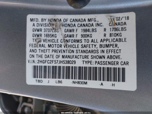2018 Honda Civic Lx მანქანა იყიდება აუქციონზე, vin: 2HGFC2F57JH538029, აუქციონის ნომერი: 44960826