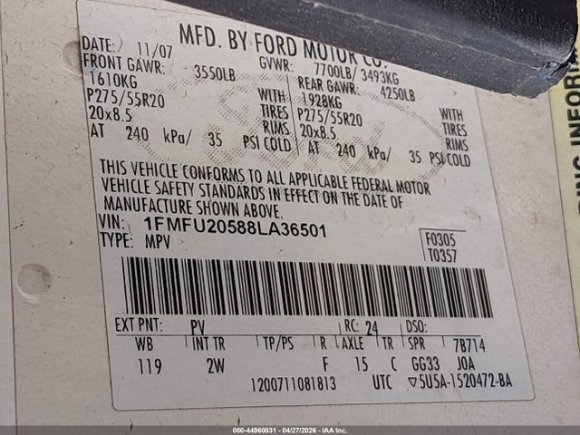 44960831 :رقم المزاد ، 1FMFU20588LA36501 vin ، 2008 Ford Expedition Limited مزاد بيع