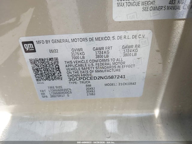 Продажа на аукционе авто 2022 Chevrolet Silverado 1500 4wd  Short Bed Custom Trail Boss, vin: 3GCPDCED2NG587241, номер лота: 44960833