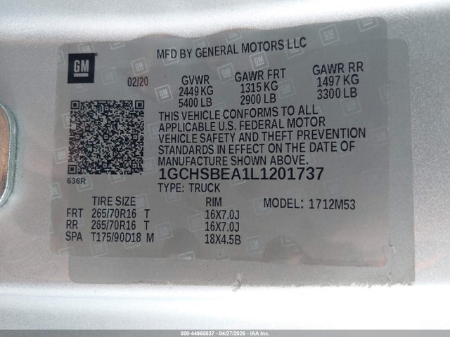 Продаж на аукціоні авто 2020 Chevrolet Colorado 2wd  Long Box Wt, vin: 1GCHSBEA1L1201737, номер лоту: 44960837