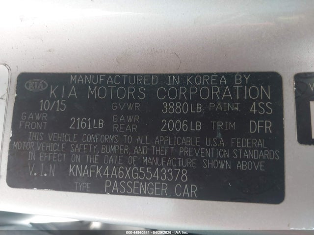 Aukcja sprzedaży 2016 Kia Forte Lx, vin: KNAFK4A6XG5543378, numer aukcji: 44960841