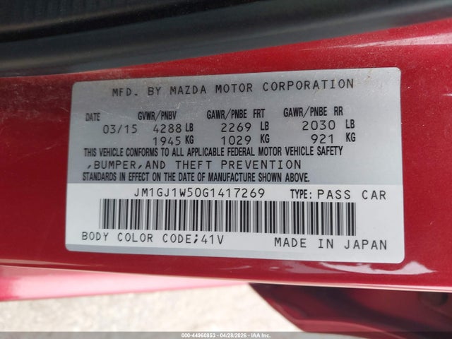 Продаж на аукціоні авто 2016 Mazda Mazda6 I Grand Touring, vin: JM1GJ1W50G1417269, номер лоту: 44960853