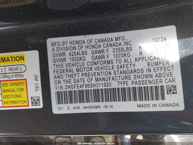 Продажа на аукционе авто 2025 Honda Civic Hybrid Sport/sport Touring, vin: 2HGFE4F86SH311920, номер лота: 44960863