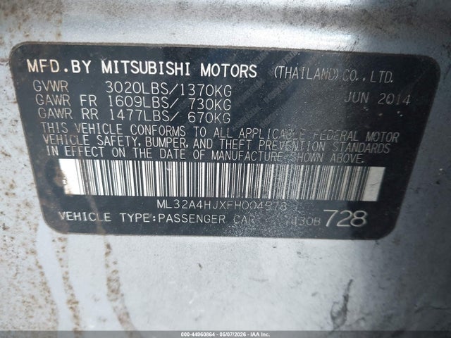 Продаж на аукціоні авто 2015 Mitsubishi Mirage Es, vin: ML32A4HJXFH004578, номер лоту: 44960864
