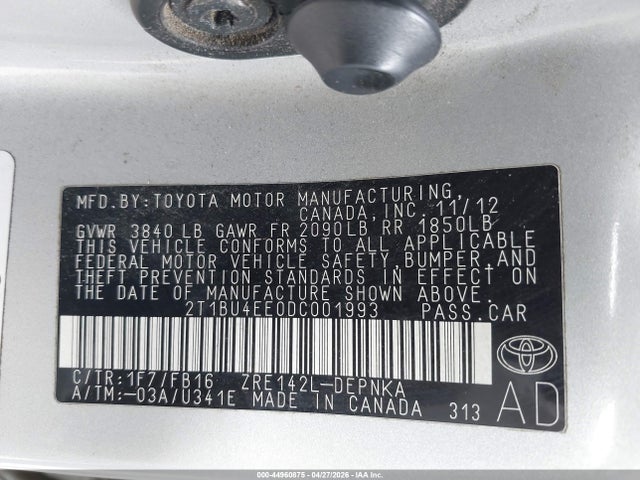 44960875 :رقم المزاد ، 2T1BU4EE0DC001993 vin ، 2013 Toyota Corolla Le مزاد بيع