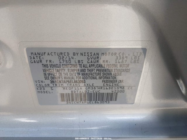 3N1CN7AP6EL863093 Nissan Versa 1.6 S/1.6 S+/1.6 Sl/1.6 Sv