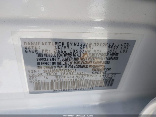 Aukcja sprzedaży 2024 Nissan Sentra S Xtronic Cvt, vin: 3N1AB8BV8RY244751, numer aukcji: 44960923