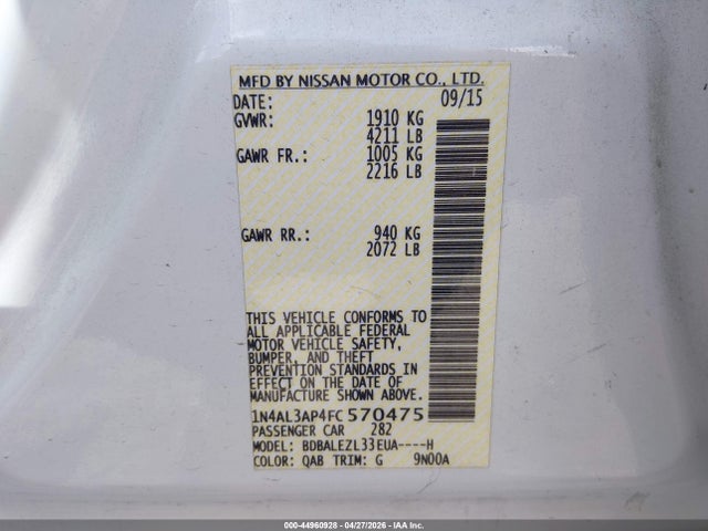 Aukcja sprzedaży 2015 Nissan Altima 2.5 S, vin: 1N4AL3AP4FC570475, numer aukcji: 44960928
