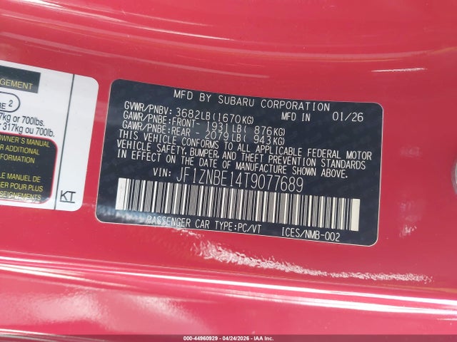 44960929 :رقم المزاد ، JF1ZNBE14T9077689 vin ، 2026 Toyota Gr86 Premium مزاد بيع