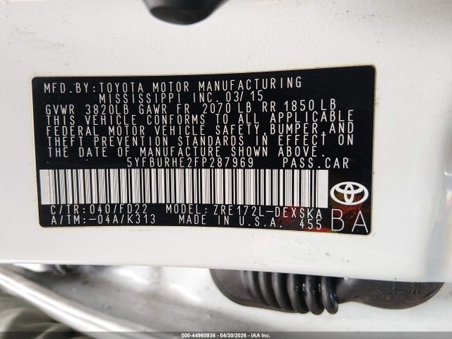 Aukcja sprzedaży 2015 Toyota Corolla S/s Plus/s Premium, vin: 5YFBURHE2FP287969, numer aukcji: 44960936