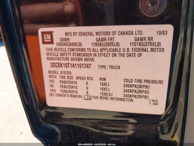 44960939 :رقم المزاد ، 2GCEK19T141191747 vin ، 2004 Chevrolet Silverado 1500 Ls مزاد بيع