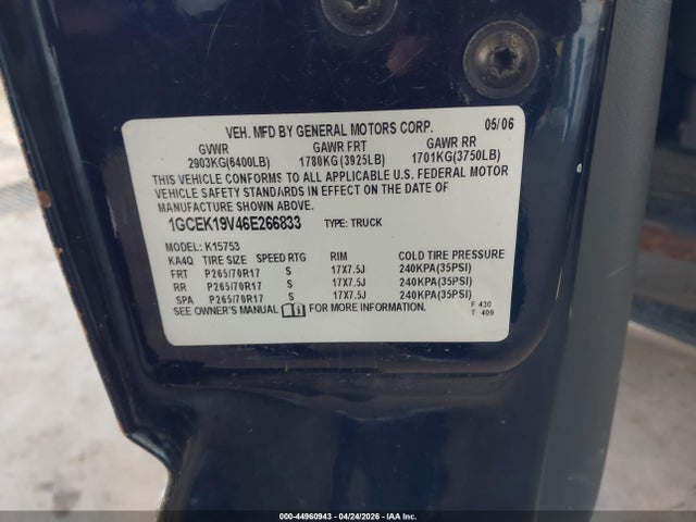 2006 Chevrolet Silverado 1500 Work Truck მანქანა იყიდება აუქციონზე, vin: 1GCEK19V46E266833, აუქციონის ნომერი: 44960943