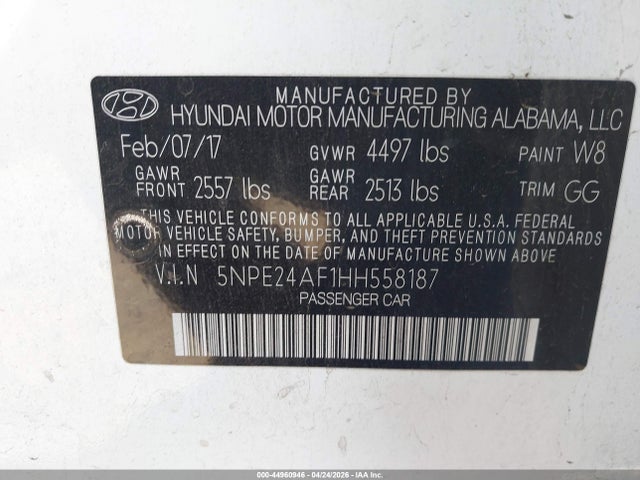 Aukcja sprzedaży 2017 Hyundai Sonata Se, vin: 5NPE24AF1HH558187, numer aukcji: 44960946