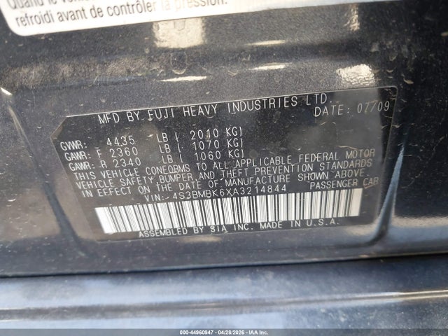 Продаж на аукціоні авто 2010 Subaru Legacy 2.5i Limited, vin: 4S3BMBK6XA3214844, номер лоту: 44960947