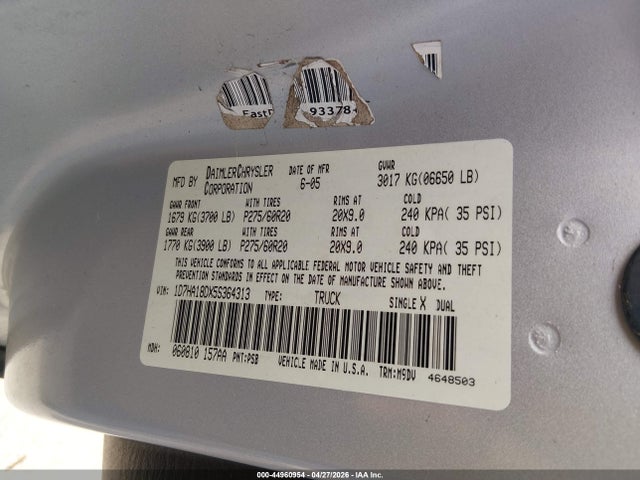 Aukcja sprzedaży 2005 Dodge Ram 1500 Slt/laramie, vin: 1D7HA18DX5S364313, numer aukcji: 44960954