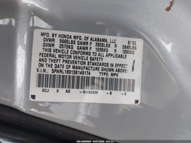 Aukcja sprzedaży 2003 Honda Odyssey Ex-l, vin: 5FNRL18913B149174, numer aukcji: 44960960
