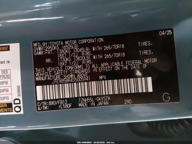 Aukcja sprzedaży 2025 Toyota 4runner Hybrid Trd Off Road, vin: JTEVB5BR4S5005941, numer aukcji: 44960968