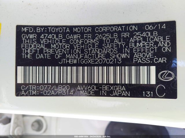 2014 Lexus Es 300h მანქანა იყიდება აუქციონზე, vin: JTHBW1GGXE2070213, აუქციონის ნომერი: 44961004
