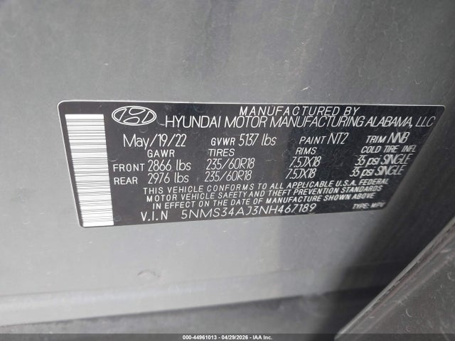 5NMS34AJ3NH467189 Hyundai Santa Fe Sel