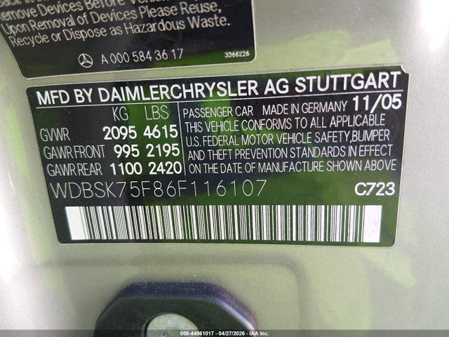 Aukcja sprzedaży 2006 Mercedes-benz Sl 500, vin: WDBSK75F86F116107, numer aukcji: 44961017