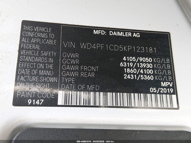 Продаж на аукціоні авто 2019 Mercedes-benz Sprinter 2500 High Roof V6, vin: WD4PF1CD5KP123181, номер лоту: 44961018