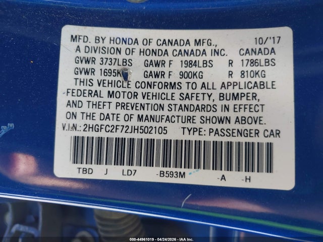 Honda CIVIC EX 2018 2HGFC2F72JH502105 Image 9