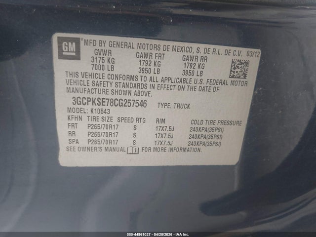 2012 Chevrolet Silverado 1500 Lt მანქანა იყიდება აუქციონზე, vin: 3GCPKSE78CG257546, აუქციონის ნომერი: 44961027
