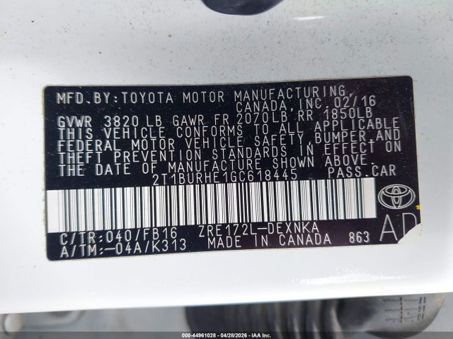 Продажа на аукционе авто 2016 Toyota Corolla Le, vin: 2T1BURHE1GC618445, номер лота: 44961028