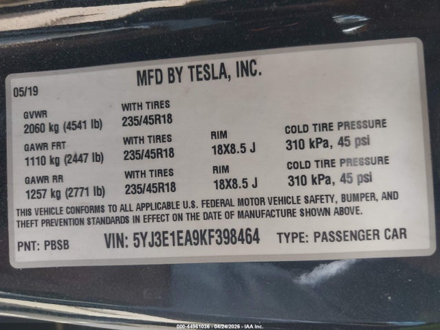 Tesla Model 3 Long Range/mid Range/standard Range/standard Range Plus 2019 5YJ3E1EA9KF398464 Image 9