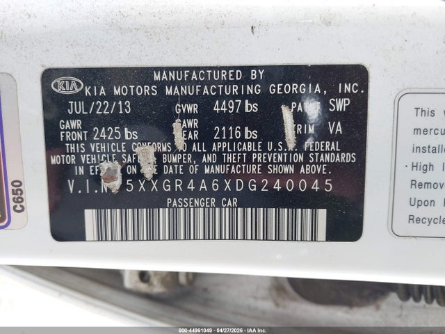 Продаж на аукціоні авто 2013 Kia Optima Sx, vin: 5XXGR4A6XDG240045, номер лоту: 44961049