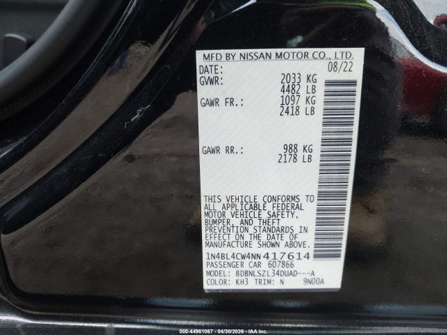 44961067 :رقم المزاد ، 1N4BL4CW4NN417614 vin ، 2022 Nissan Altima Sr Intelligent Awd مزاد بيع