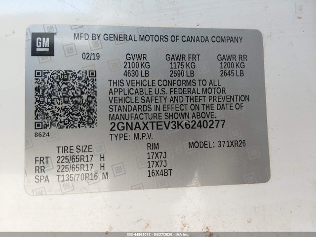 2019 Chevrolet Equinox Lt მანქანა იყიდება აუქციონზე, vin: 2GNAXTEV3K6240277, აუქციონის ნომერი: 44961077