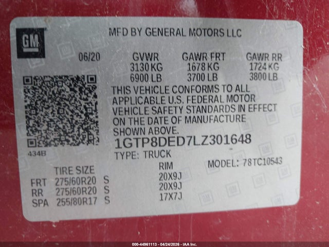 Aukcja sprzedaży 2020 Gmc Sierra 1500, vin: 1GTP8DED7LZ301648, numer aukcji: 44961113