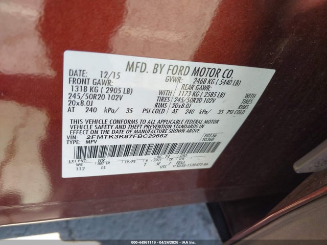 Продаж на аукціоні авто 2015 Ford Edge Titanium, vin: 2FMTK3K87FBC29662, номер лоту: 44961119