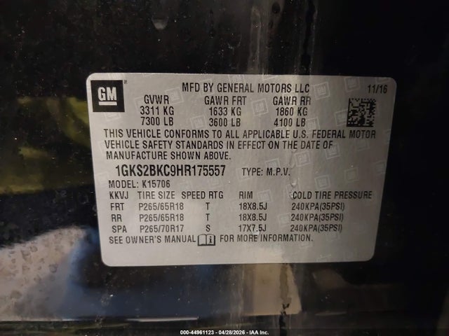 1GKS2BKC9HR175557 GMC YUKON SLT