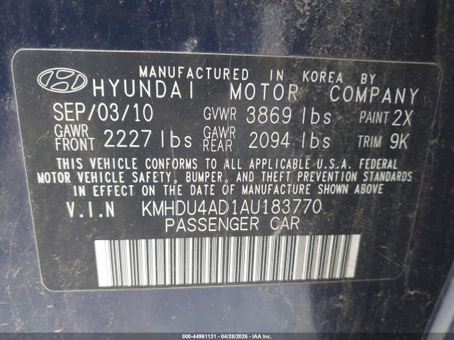 2010 Hyundai Elantra Gls მანქანა იყიდება აუქციონზე, vin: KMHDU4AD1AU183770, აუქციონის ნომერი: 44961131