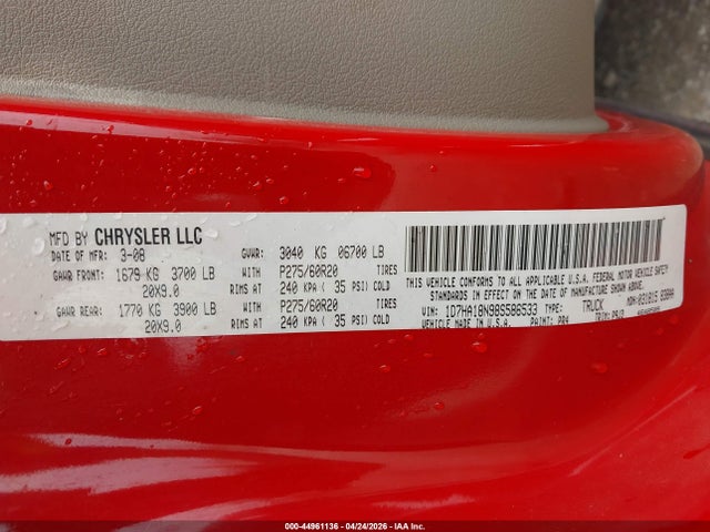 44961136 :رقم المزاد ، 1D7HA18N98S586533 vin ، 2008 Dodge Ram 1500 Slt مزاد بيع