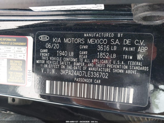 Продаж на аукціоні авто 2020 Kia Rio Lx, vin: 3KPA24AD7LE336702, номер лоту: 44961137
