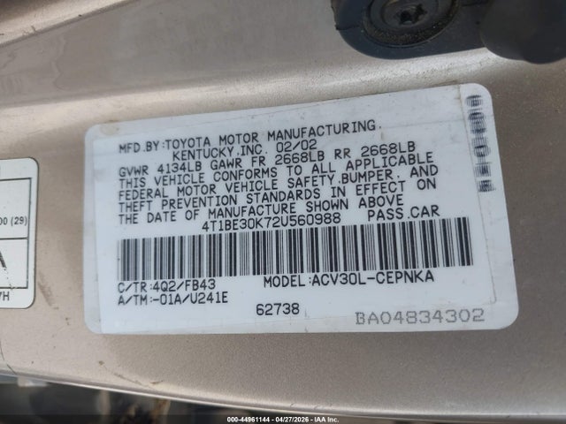 44961144 :رقم المزاد ، 4T1BE30K72U560988 vin ، 2002 Toyota Camry Le مزاد بيع