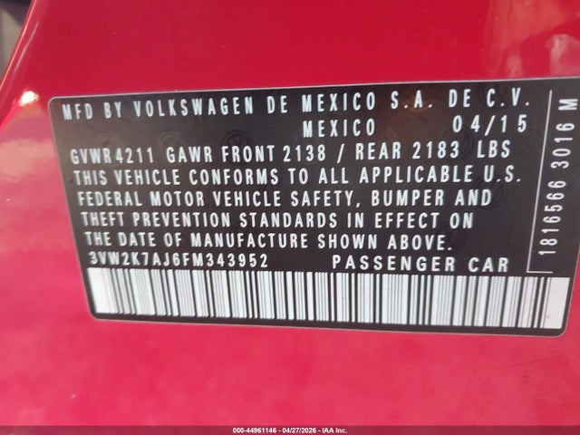 Продаж на аукціоні авто 2015 Volkswagen Jetta 2.0l S, vin: 3VW2K7AJ6FM343952, номер лоту: 44961146