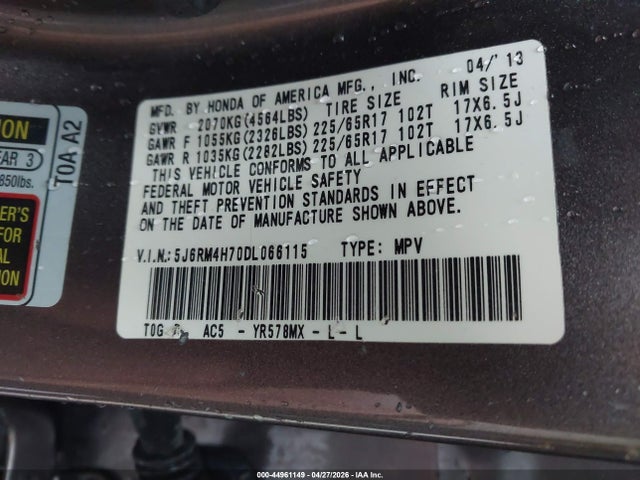 Продаж на аукціоні авто 2013 Honda Cr-v Ex-l, vin: 5J6RM4H70DL066115, номер лоту: 44961149